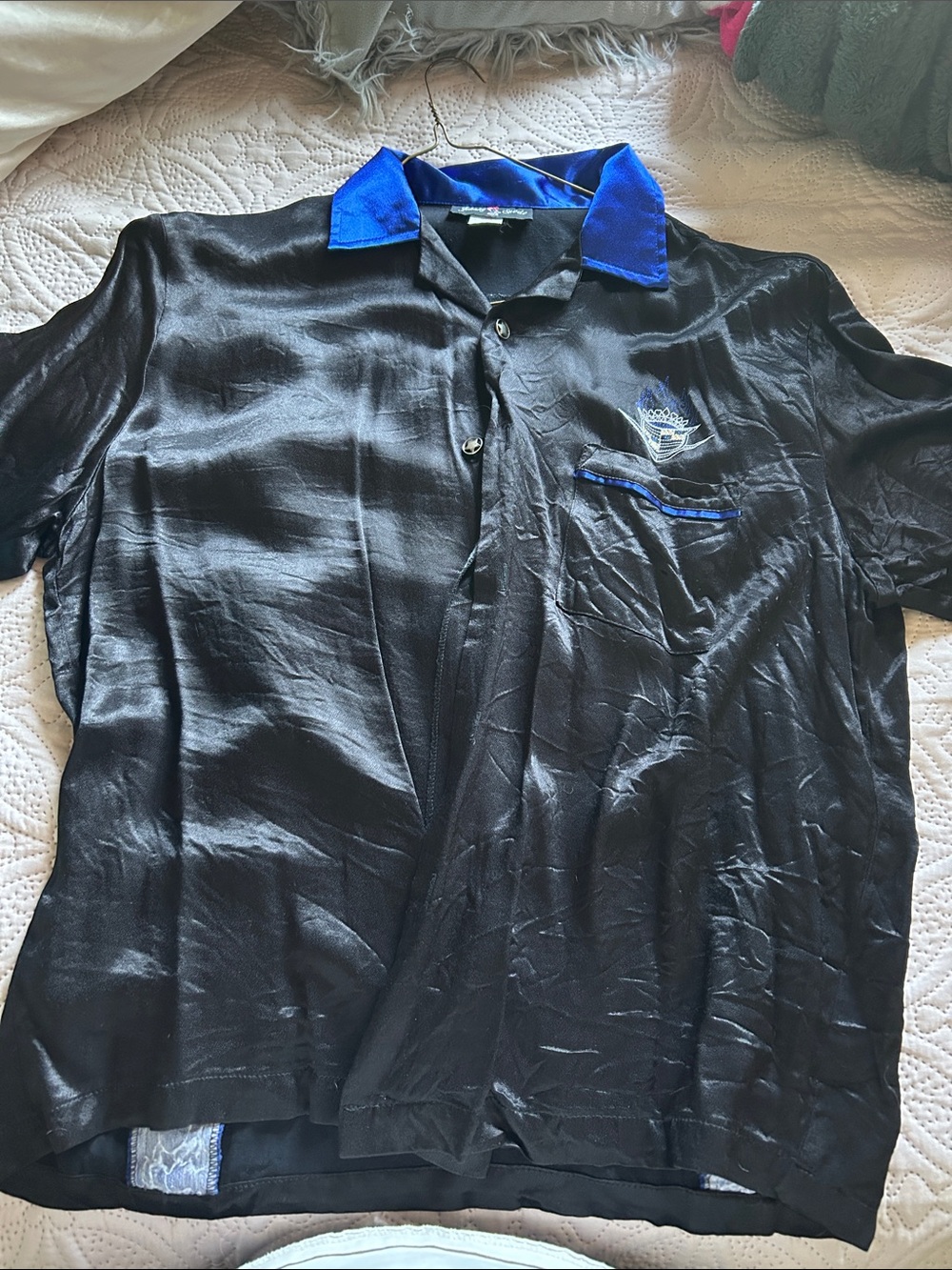 Only Black Satin Short-Sleeve Button-Down Shirt with Blue Collar